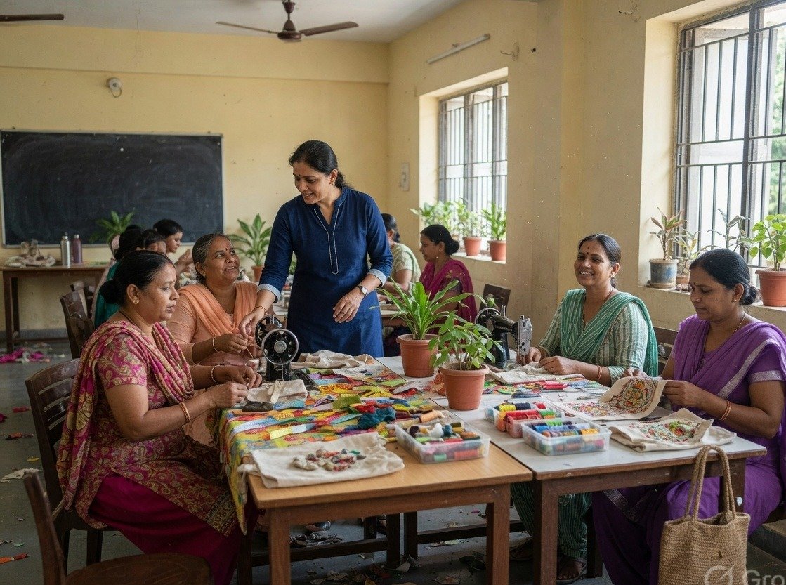 Women participating in livelihood and sewing skills workshop